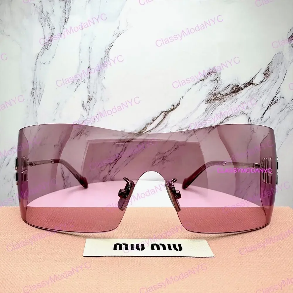 New MIU MIU Sunglasses Aube Silver Pink Mirror Rimless Wrap Authentic Womens